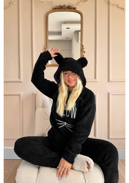 Siyah Meow Desenli Tam Peluş Pijama Takımı