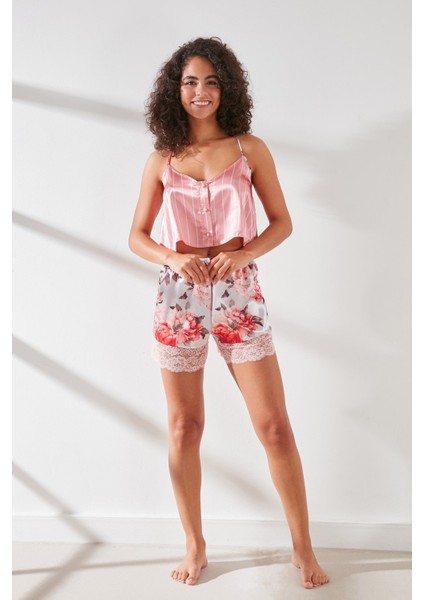 Kadın Dantelli Saten Düğmeli Atlet Şort Pijama Takımı 9068 Pembe/Ekru