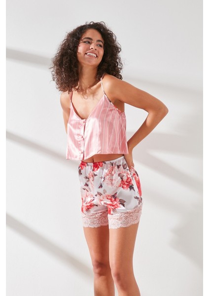 Kadın Dantelli Saten Düğmeli Atlet Şort Pijama Takımı 9068 Pembe/Ekru