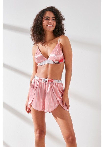 Saten Sütyen Şort Takım 9065 Pembe/Ekru fiyatları