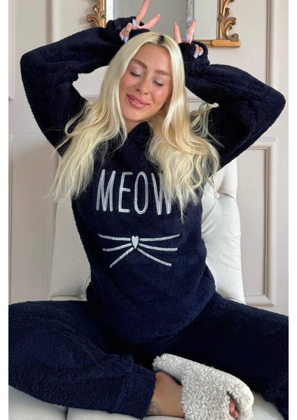 Lacivert Meow Desenli Tam Peluş Pijama Takımı