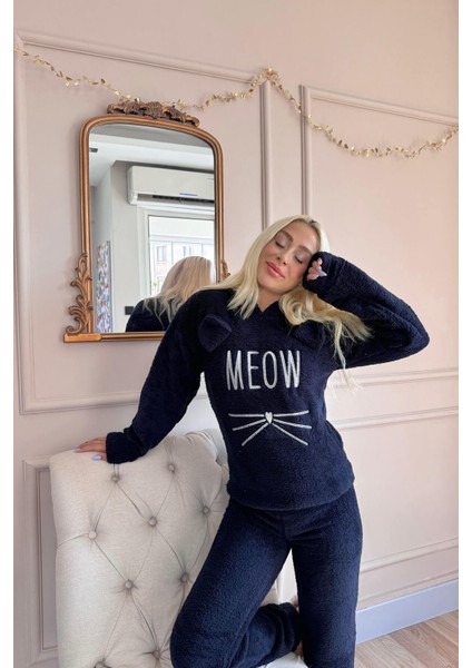 Lacivert Meow Desenli Tam Peluş Pijama Takımı