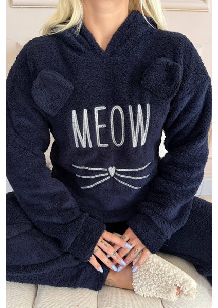 Lacivert Meow Desenli Tam Peluş Pijama Takımı