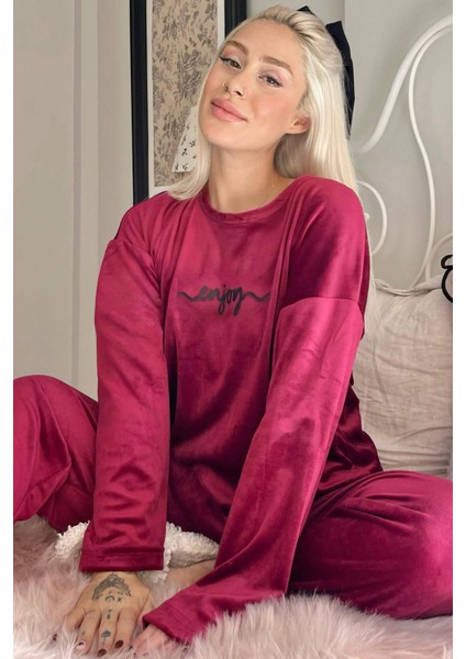 Bordo Enjoy Desenli Exclusive Kadife Kadın Pijama Takımı