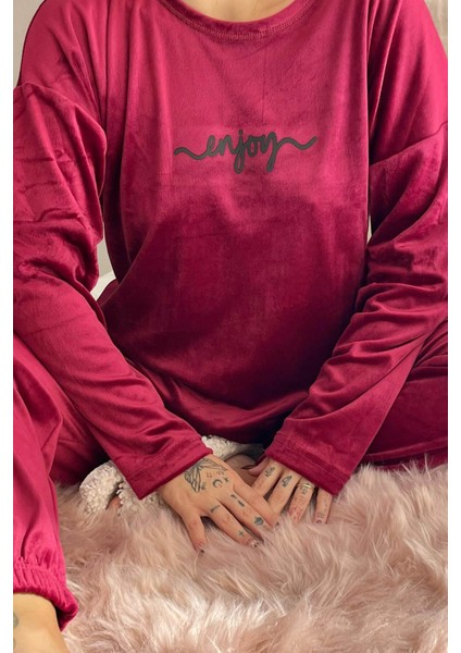Bordo Enjoy Desenli Exclusive Kadife Kadın Pijama Takımı indirimleri