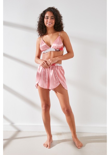 Saten Sütyen Şort Takım 9065 Pembe/Ekru indirimleri