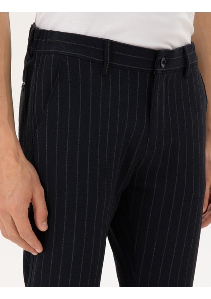 Erkek Lacivert Slim Fit Çizgili Kanvas Pantolon 50295931-VR033 indirimleri