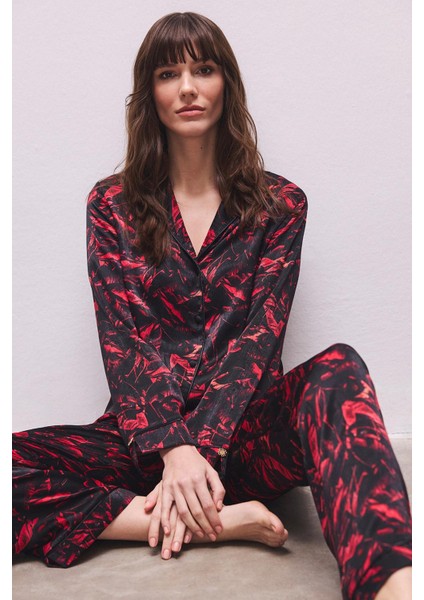 Nissa Desenli Saten Uzun Pijama Takım modelleri