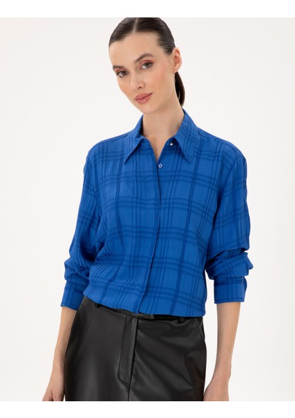 Kadın Saks Comfort Fit Uzun Kollu Gömlek 50292247-VR045 modelleri