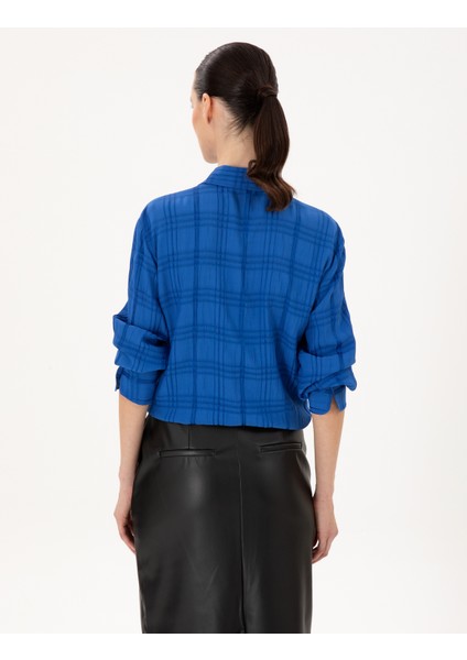 Kadın Saks Comfort Fit Uzun Kollu Gömlek 50292247-VR045 indirimleri