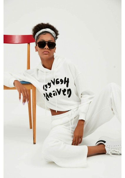 Kadın Ekru Kapüşonlu Heaven Yazılı Sweatshirt Eşofman Altı Takım