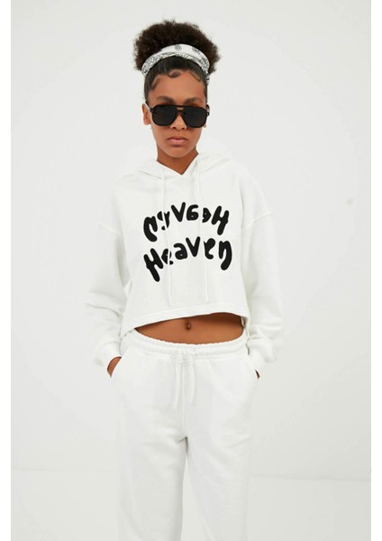 Kadın Ekru Kapüşonlu Heaven Yazılı Sweatshirt Eşofman Altı Takım fiyatları