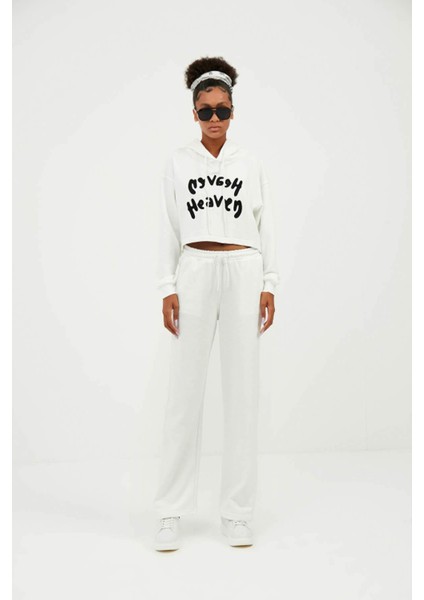 Kadın Ekru Kapüşonlu Heaven Yazılı Sweatshirt Eşofman Altı Takım modelleri