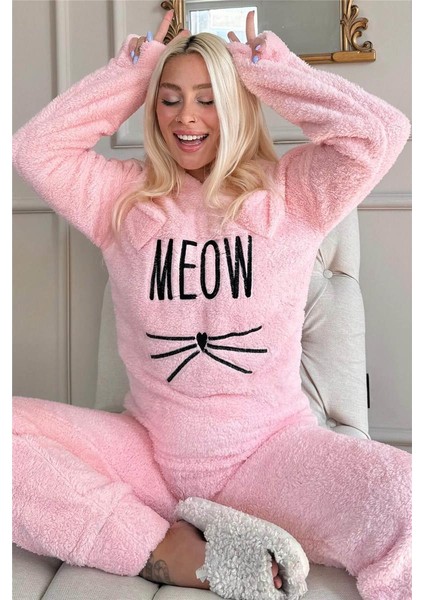 Somon Meow Desenli Tam Peluş Pijama Takımı