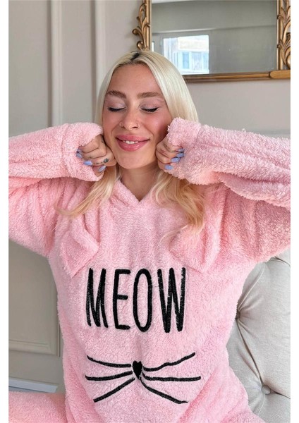 Somon Meow Desenli Tam Peluş Pijama Takımı