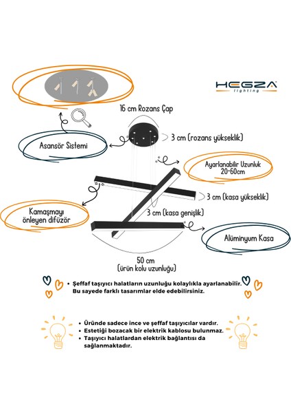 Trillizo (Siyah Kasa, Beyaz Işık) Ledli Modern Sarkıt Linear LED Avize Salon Mutfak Oturma Odası Yatak Odası Antre Hol LED modelleri