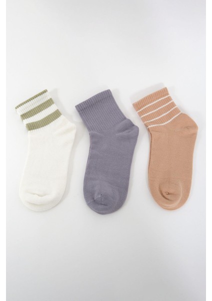 Çizgili Kısa 3'lü Soket Çorap Seti Çikolata