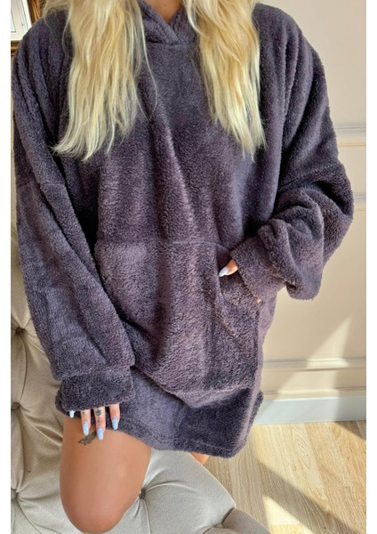 Patlıcan Moru Kapşonlu Tam Peluş Oversize Sweat Panço Pijama