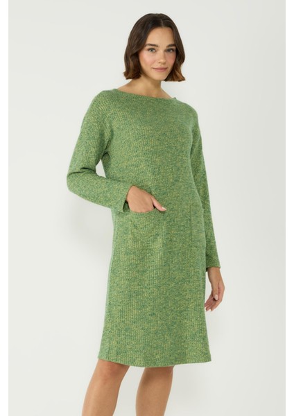 Kaşkorse Kayık Yaka Düşük Omuz Uzun Kol Cepli Elbise 405047 Haki