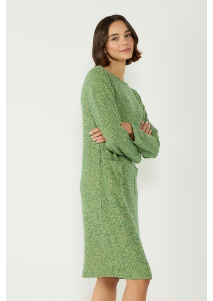 Kaşkorse Kayık Yaka Düşük Omuz Uzun Kol Cepli Elbise 405047 Haki modelleri