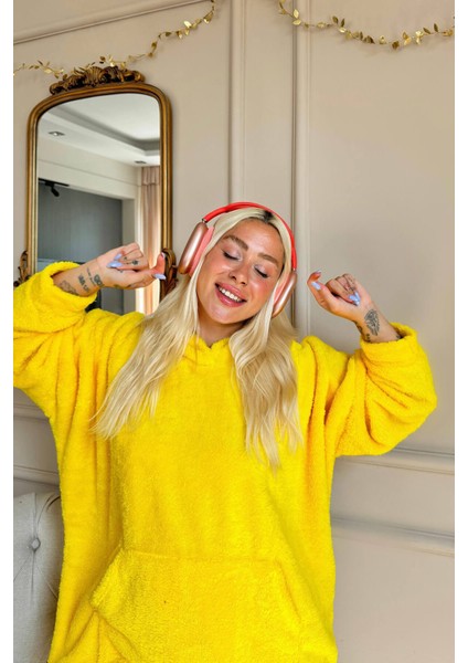 Sarı Kapşonlu Tam Peluş Oversize Sweat Panço Pijama