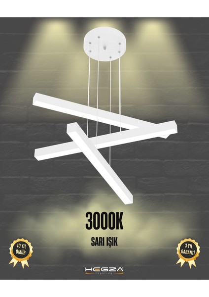 Trillizo (Beyaz Kasa, Sarı Işık) Ledli Modern Sarkıt Linear LED Avize Salon Mutfak Oturma Odası Yatak Odası Antre Hol LED