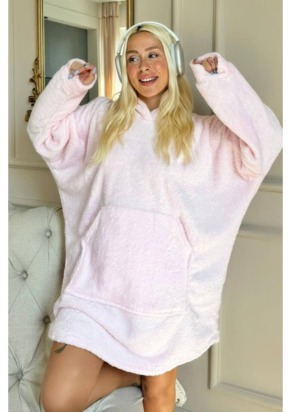 Toz Pembe Kapşonlu Tam Peluş Oversize Sweat Panço Pijama