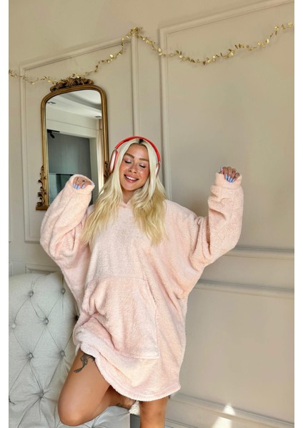 Somon Kapşonlu Tam Peluş Oversize Sweat Panço Pijama