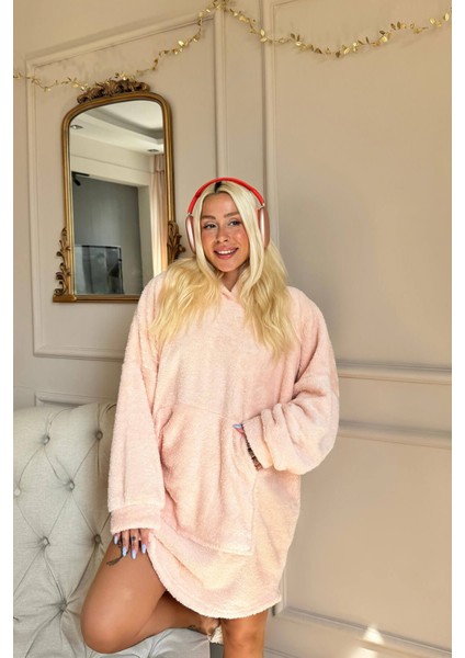 Somon Kapşonlu Tam Peluş Oversize Sweat Panço Pijama