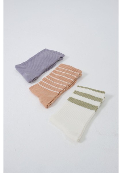 Çizgili Uzun 3'lü Soket Çorap Seti Çikolata
