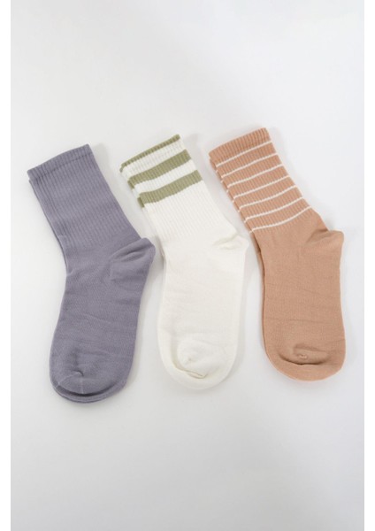 Çizgili Uzun 3'lü Soket Çorap Seti Çikolata modelleri