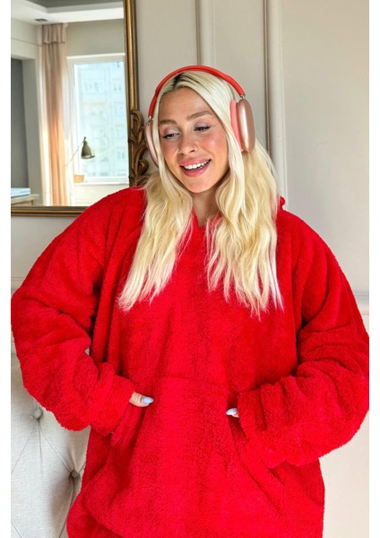 Kırmızı Kapşonlu Tam Peluş Oversize Sweat Panço Pijama indirimleri