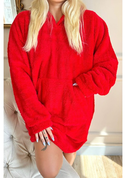 Kırmızı Kapşonlu Tam Peluş Oversize Sweat Panço Pijama