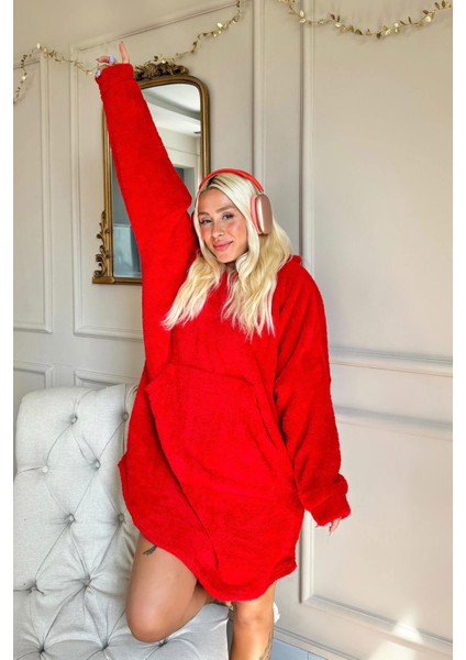 Kırmızı Kapşonlu Tam Peluş Oversize Sweat Panço Pijama fiyatları
