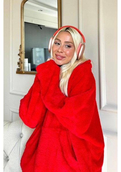 Kırmızı Kapşonlu Tam Peluş Oversize Sweat Panço Pijama indirimleri