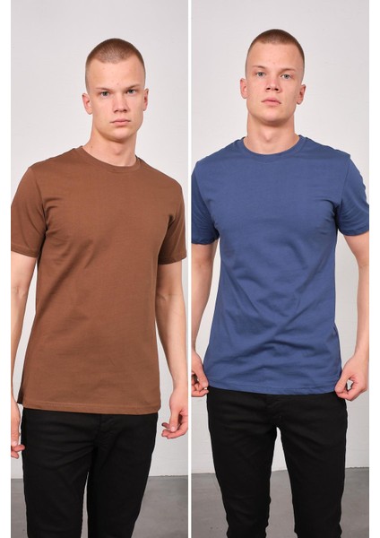 Erkek Bisiklet Yaka 2'li Regular Fit Basic T-Shirt 990 Kahverengi/indigo