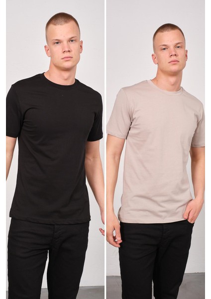 Erkek Bisiklet Yaka 2'li Regular Fit Basic T-Shirt 990 Gri/siyah