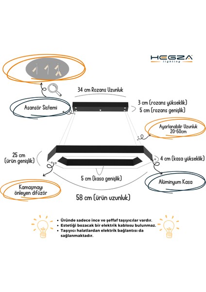 Joya (Siyah Kasa, Beyaz Işık) Ledli Modern Sarkıt Linear LED Avize Salon Mutfak Oturma Odası Yatak Odası Antre Hol LED