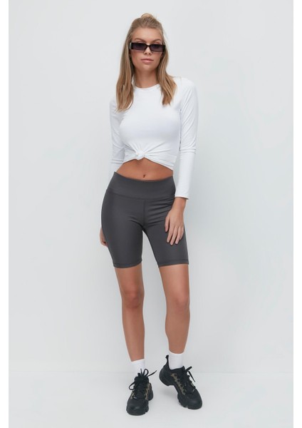 Pop-Up Yüksek Bel Spor Şort Tayt 9410 Füme fiyatları