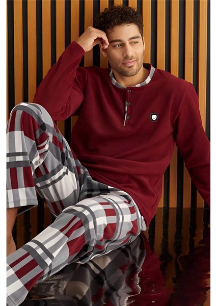 Bordo Beyaz Ekose Desenli polar erkek pijama takımı