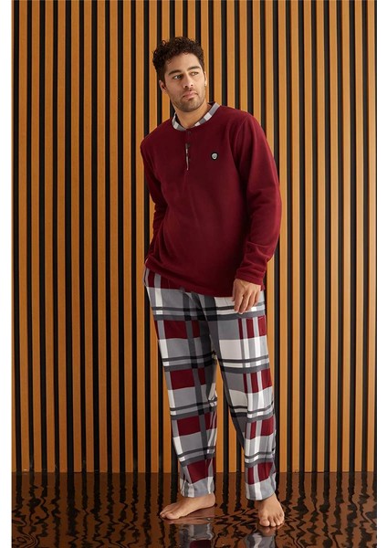Bordo Beyaz Ekose Desenli polar erkek pijama takımı fiyatları