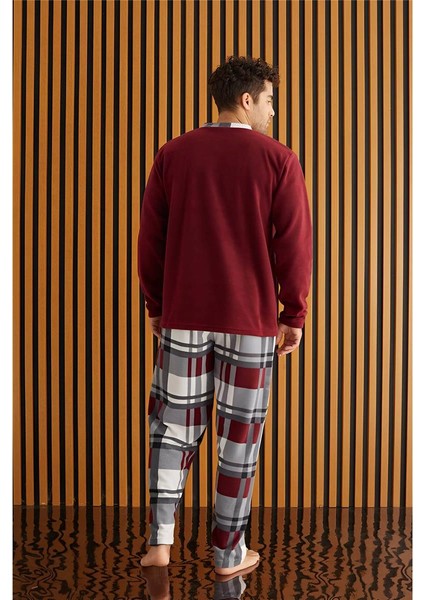 Bordo Beyaz Ekose Desenli polar erkek pijama takımı modelleri