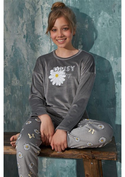 Pijama Evi Gri Dasiy Desenli Exclusive Kadife Kız Çocuk Pijama Takımı 