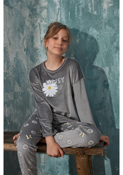 Pijama Evi Gri Dasiy Desenli Exclusive Kadife Kız Çocuk Pijama Takımı 