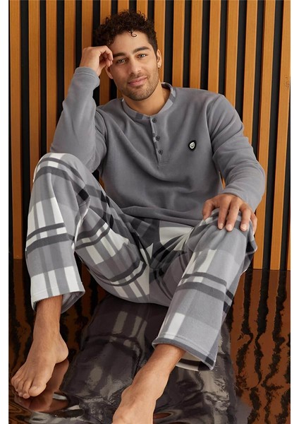 Melanj Ekose Desenli polar erkek pijama takımı