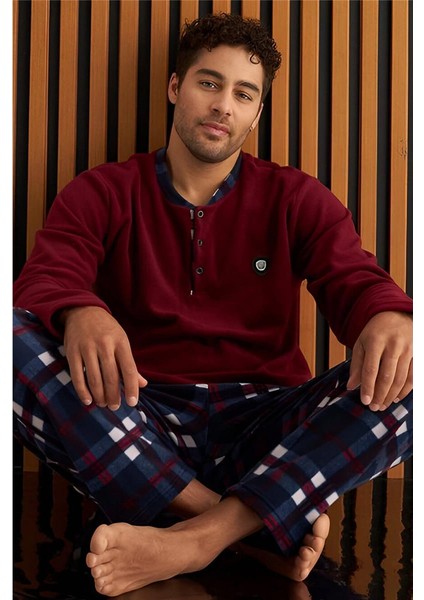 Bordo Lacivert Ekose Desenli polar erkek pijama takımı