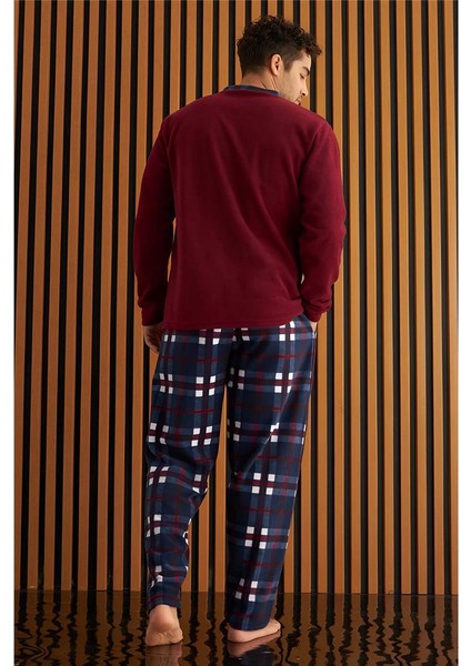 Bordo Lacivert Ekose Desenli polar erkek pijama takımı modelleri