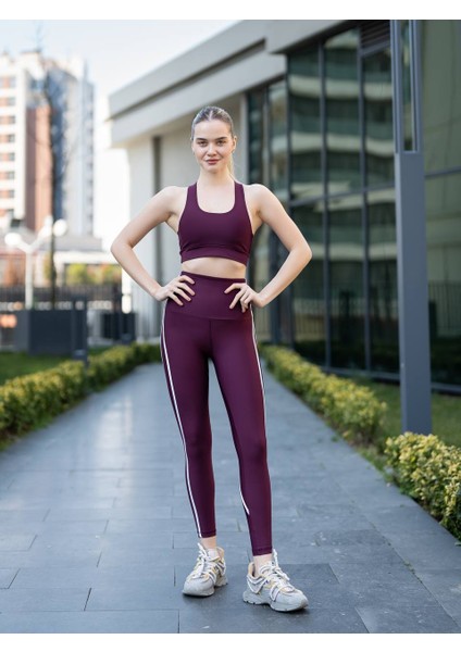 Beyaz Biye Detaylı Mürdüm Rengi Spor Tayt modelleri