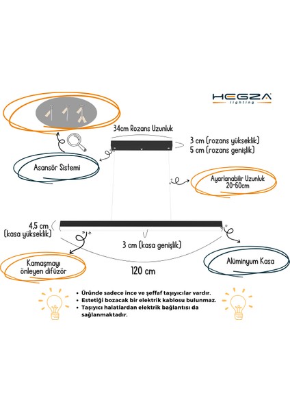Magro 120CM (Gri Kasa, Sarı Işık) Ledli Modern Sarkıt Linear LED Avize Salon Mutfak Oturma Odası Yatak Odası Antre Hol Ofis LED
