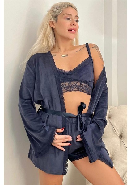 Lacivert Bralet Exclusive Kadife Sabahlıklı Kadın Pijama Takımı